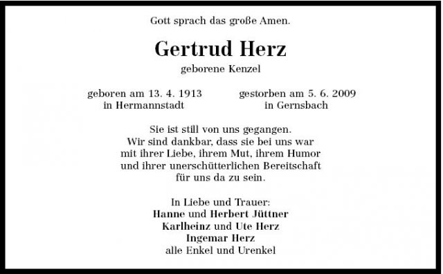 Kenzel Gertrud 1913-2009 Todesanzeige